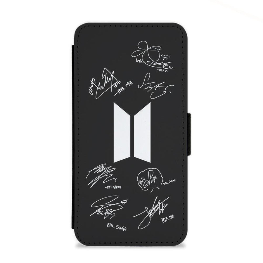 Black BTS Logo and Signatures Flip Wallet Phone Case - Fun Cases