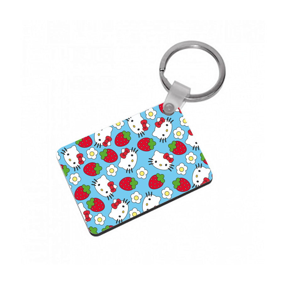 Strawberries And Flowers Pattern - Hello Kitty Keyring