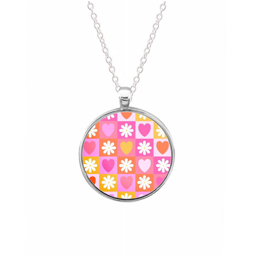 Checked Hearts And Flowers - Spring Patterns Necklace