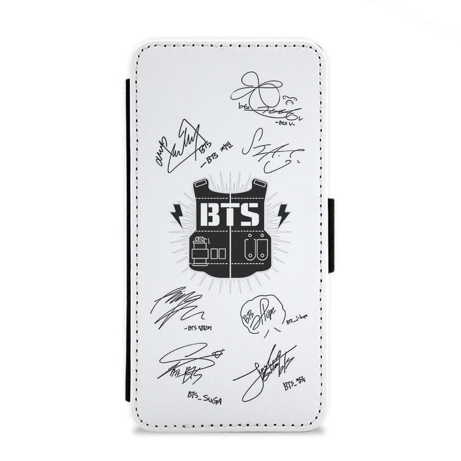 White BTS Army Logo and Signatures Flip Wallet Phone Case - Fun Cases