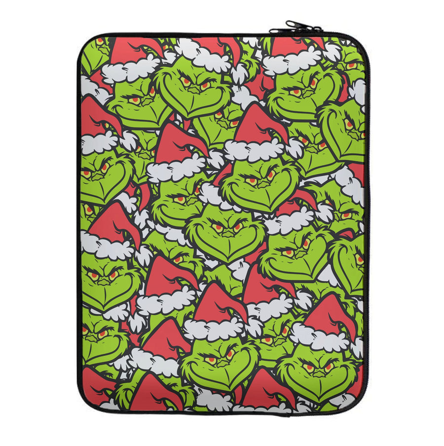 Cartoon Grinch Face Pattern - Christmas Laptop Sleeve