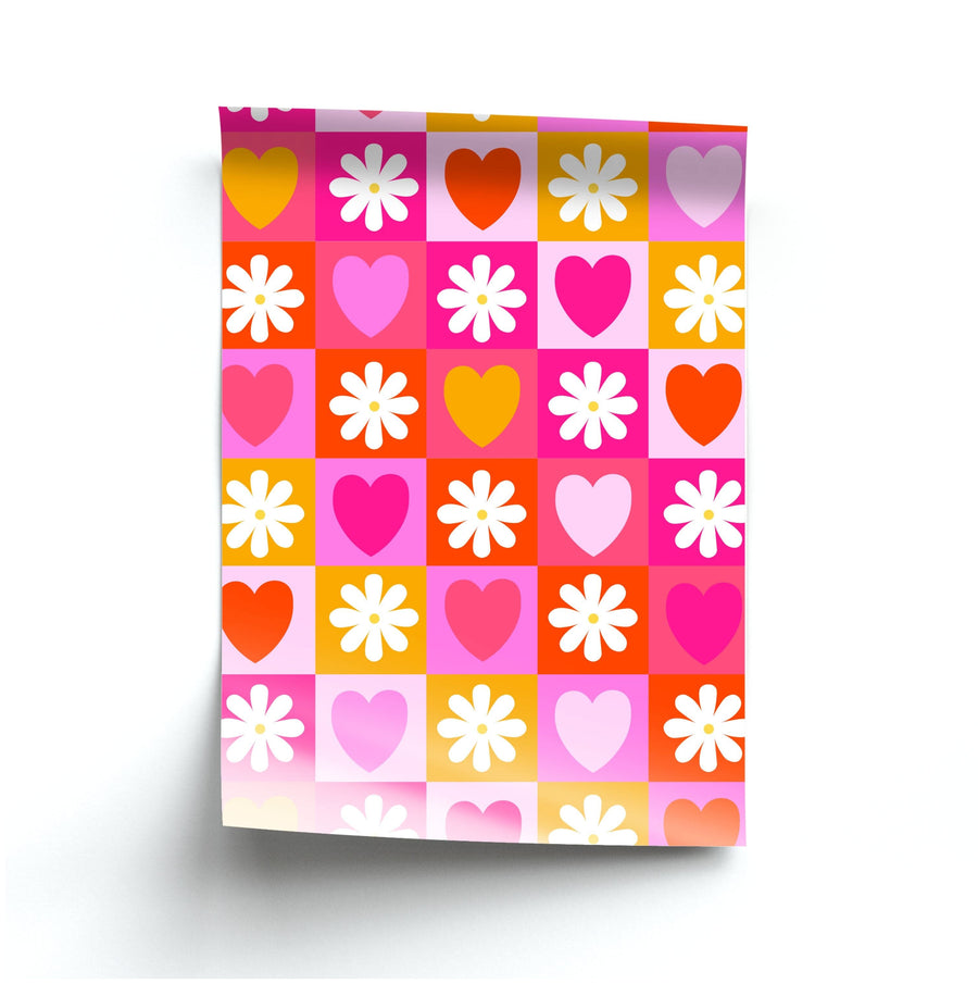 Checked Hearts And Flowers - Spring Patterns Poster