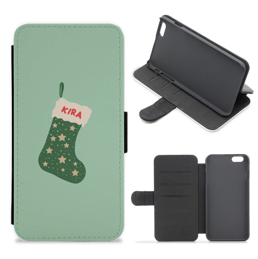 Green Stocking - Personalised Christmas  Flip / Wallet Phone Case