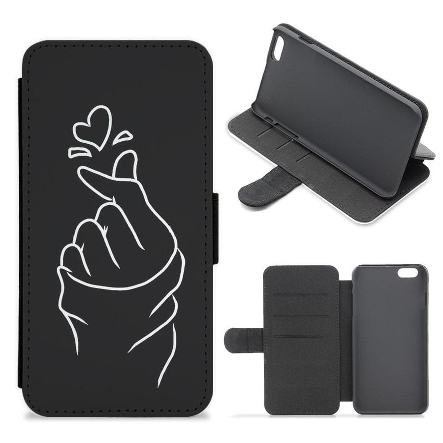 Cute Heart Finger Snap Black Flip Wallet Phone Case