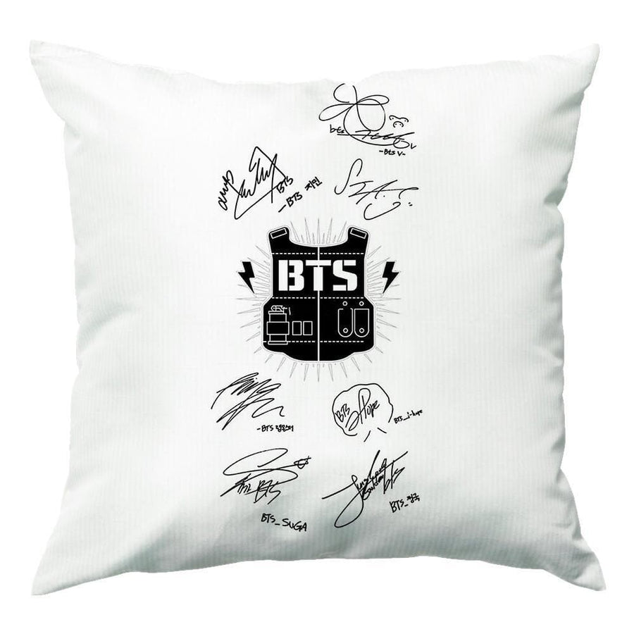 White BTS Army Logo and Signatures Cushion