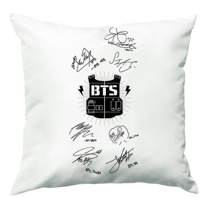 White K-Pop Band Army Logo and Signatures Cushion