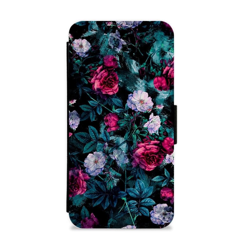 Black Floral Pattern Flip / Wallet Phone Case - Fun Cases