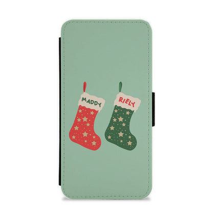 Red And Green Stocking - Personalised Christmas Flip / Wallet Phone Case