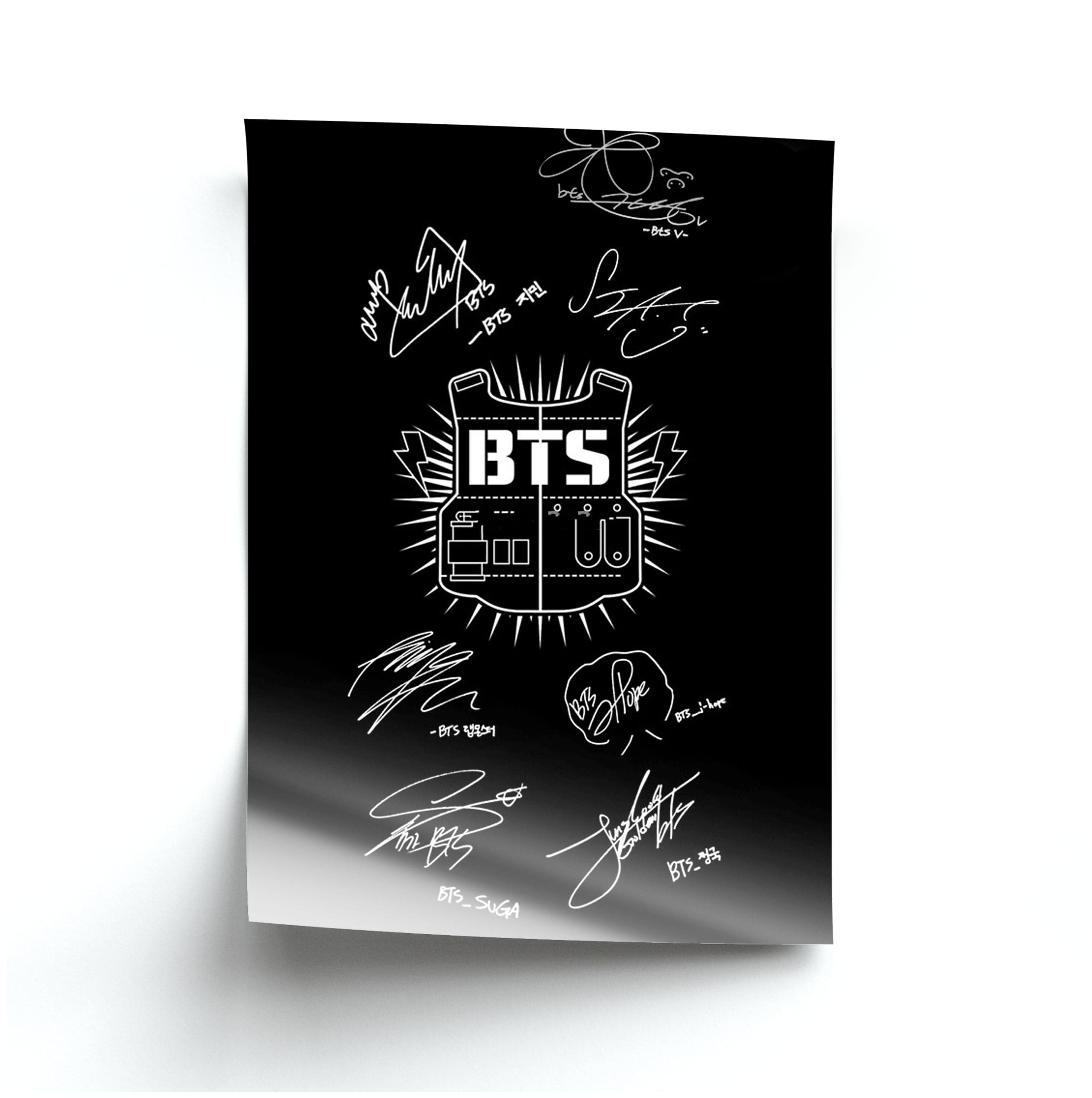 Black K-Pop Band Army Logo and Signatures Poster