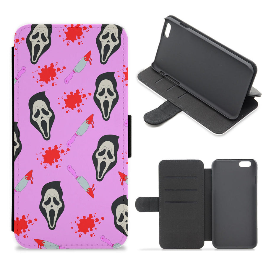 Pink Ghostface Pattern - Scream Flip / Wallet Phone Case