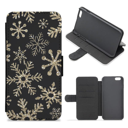 Gold Snowflake Pattern Flip Wallet Phone Case