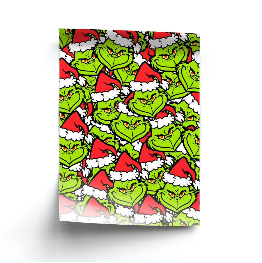 Cartoon Grinch Face Pattern - Christmas Poster