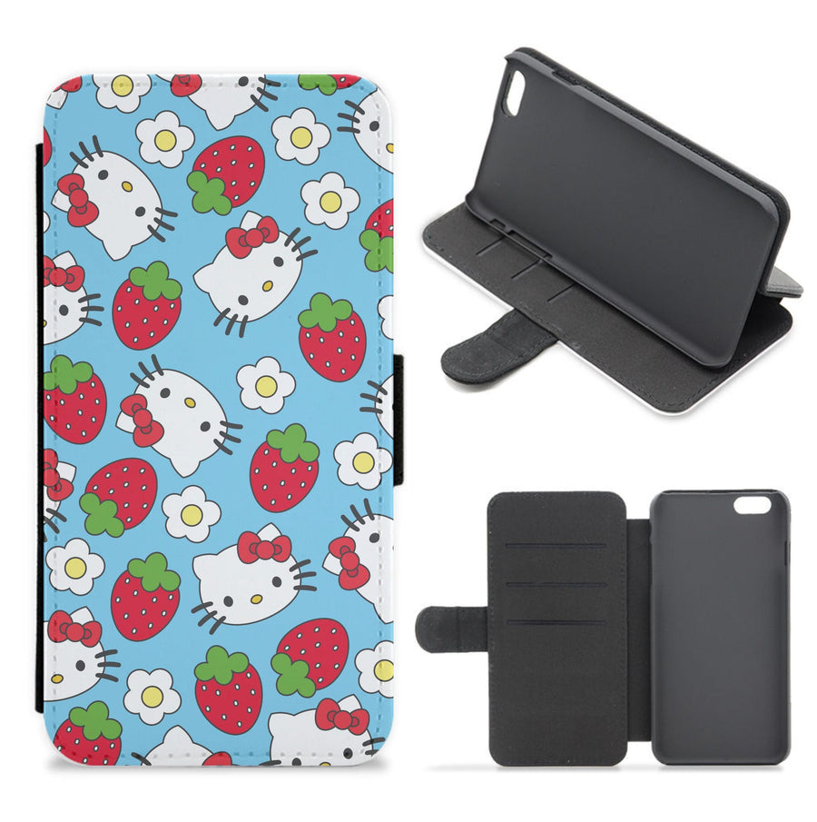 Strawberries And Flowers Pattern - Hello Kitty Flip / Wallet Phone Case