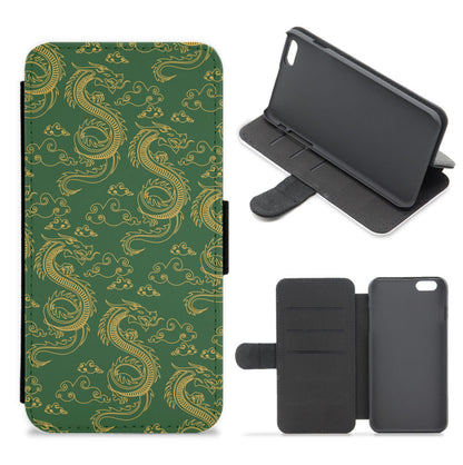 Green And Gold Dragon Pattern Flip / Wallet Phone Case