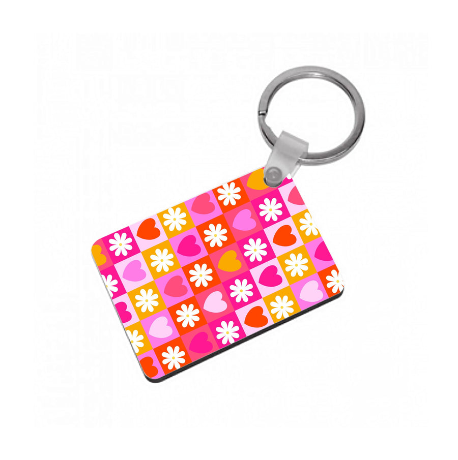 Checked Hearts And Flowers - Spring Patterns Keyring