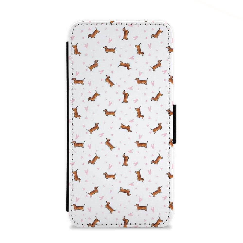 Dachshund Pattern - White Flip Wallet Phone Case - Fun Cases