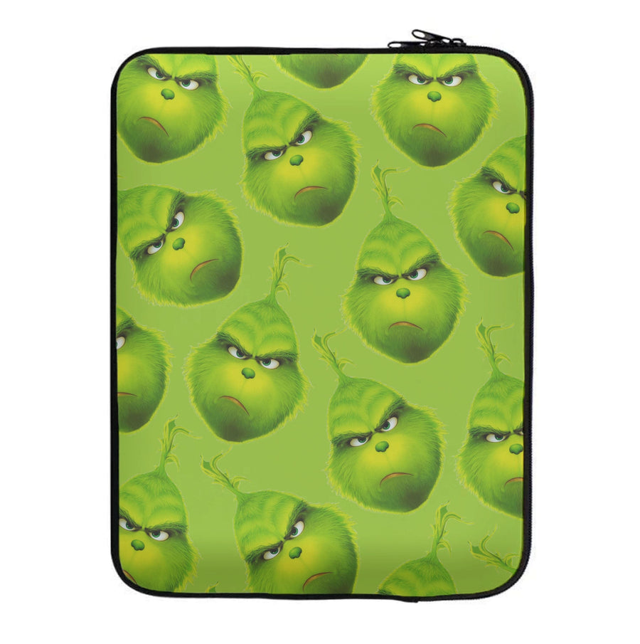 Grinch Face Pattern - Christmas Laptop Sleeve