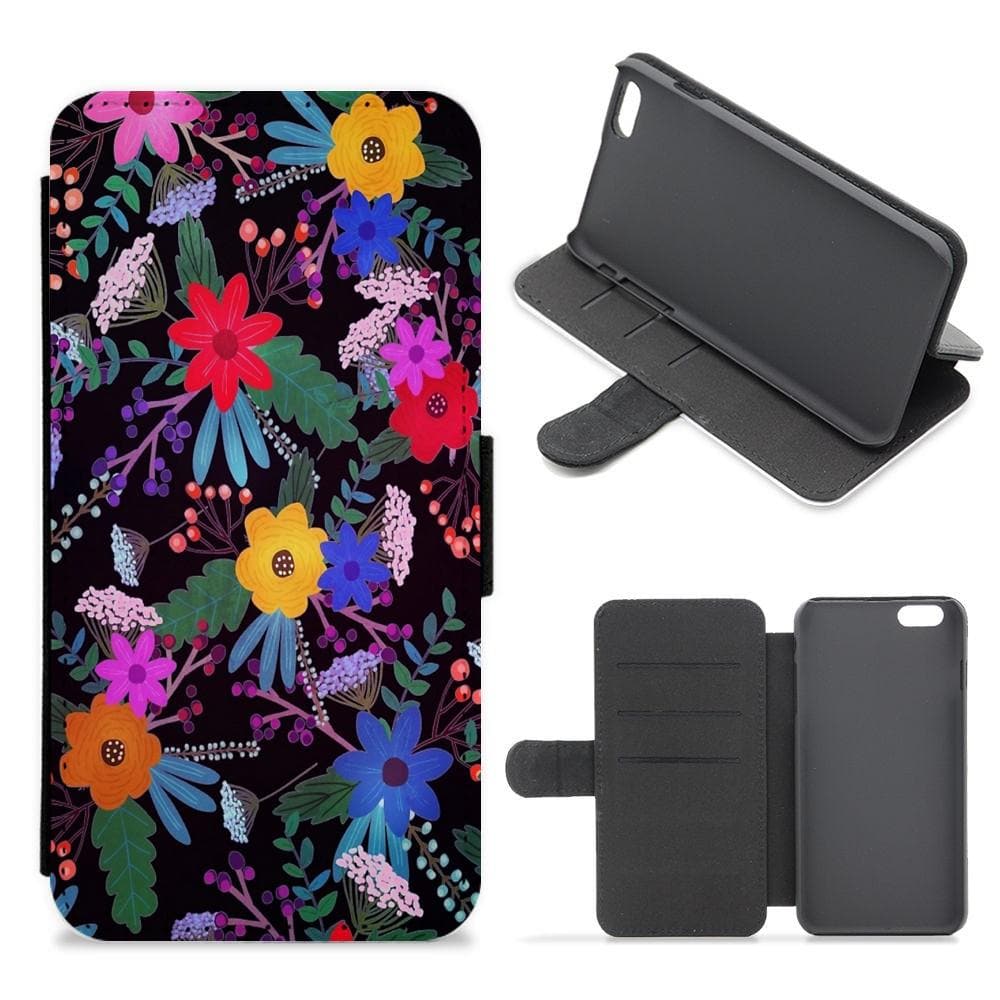 Black & Colourful Floral Pattern Flip / Wallet Phone Case - Fun Cases